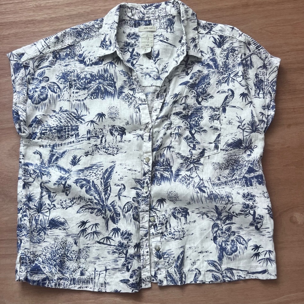 Joie 100% linen top size L floral animals nature vacation resort mother of pearl